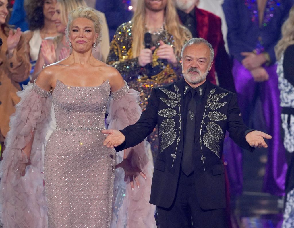 hosts hannah waddingham and graham norton in tears after a performance of youll never walk alone during the interval at the grand final for the eurovision song contest at the ms bank arena in liverpool picture date saturday may 13, 2023 photo by peter byrnepa images via getty images