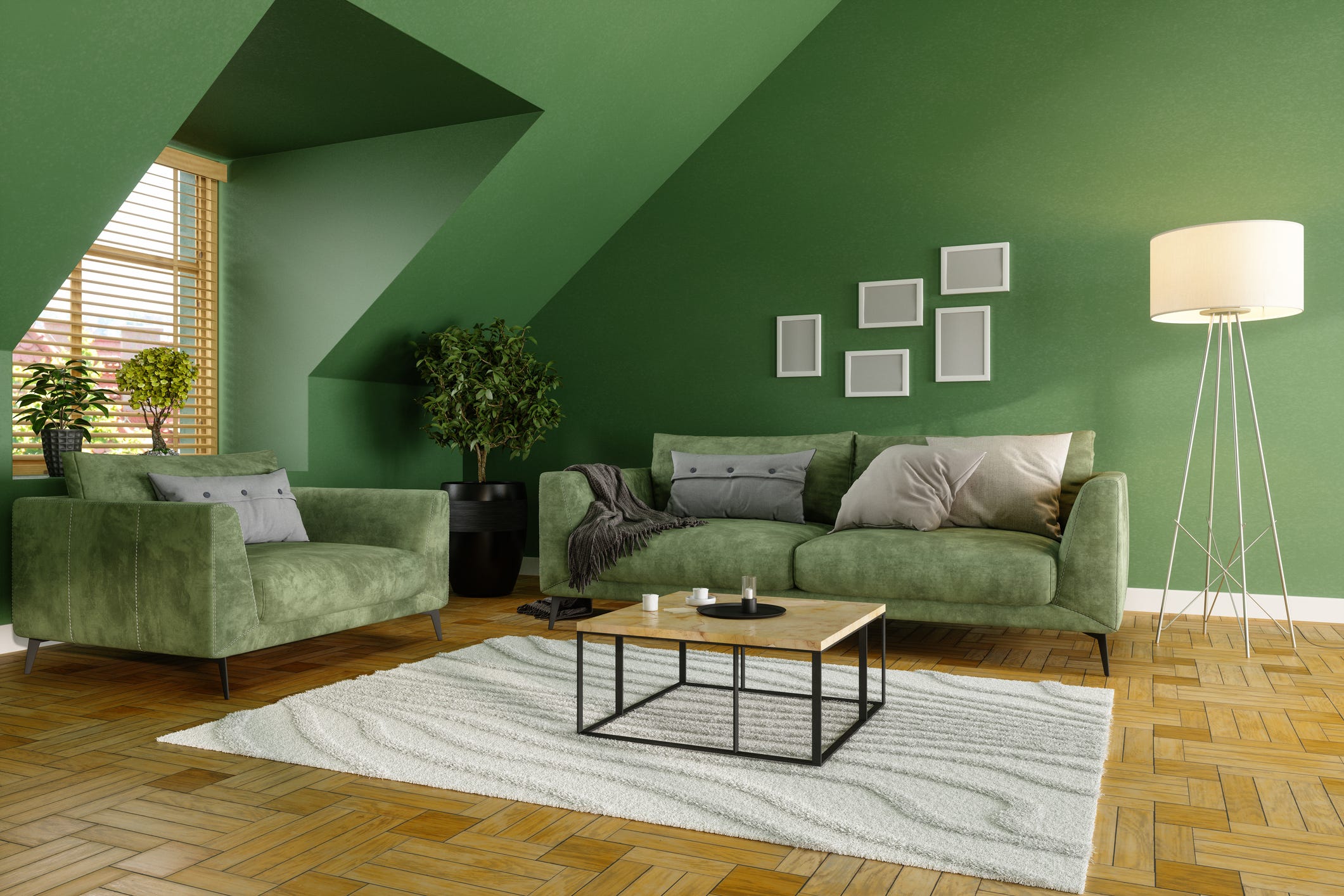 green living room with green sofa, coffee tables and plants