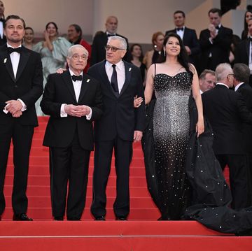 cannes, france may 20 l to r us actor leonardo dicaprio, us director martin scorsese, us actor robert de niro and us actress cara jade myers arrive for the premiere of the film killers of the flower moon during the 76th edition of the cannes film festival at palais des festivals in cannes, france on may 20, 2023 photo by mustafa yalcinanadolu agency via getty images