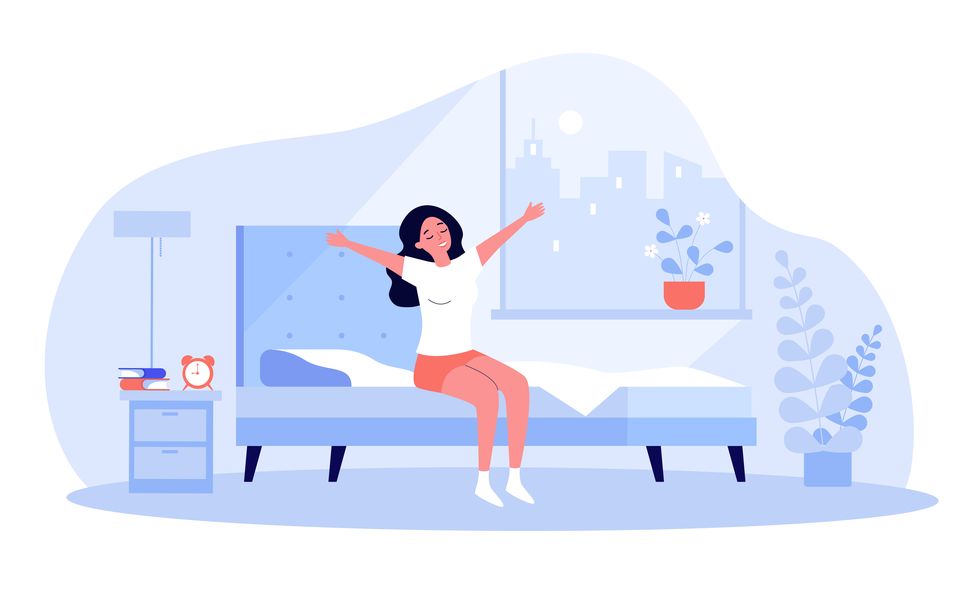 happy young woman awakening at morning isolated flat vector illustration cartoon female character in bed getting up comfort, home, guest and bedroom concept