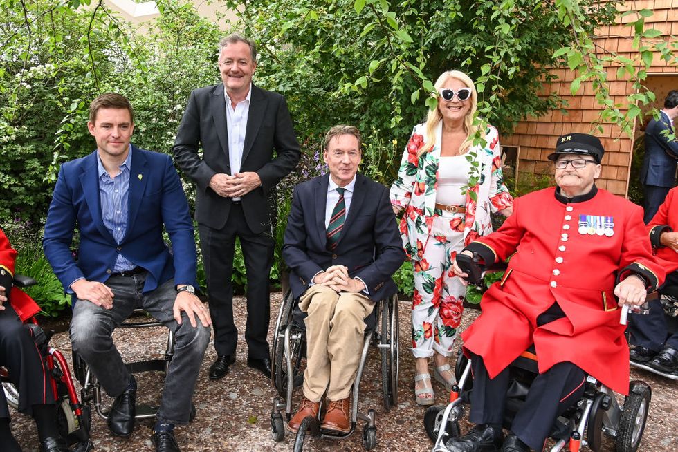 london, england may 22 l to r pete reed, piers morgan, frank gardner and vanessa feltz pose in horatios garden designed by charlotte harris and hugo bugg at the rhs chelsea flower show 2023 on may 22, 2023 in london, england photo by dave benettgetty images for horatios garden