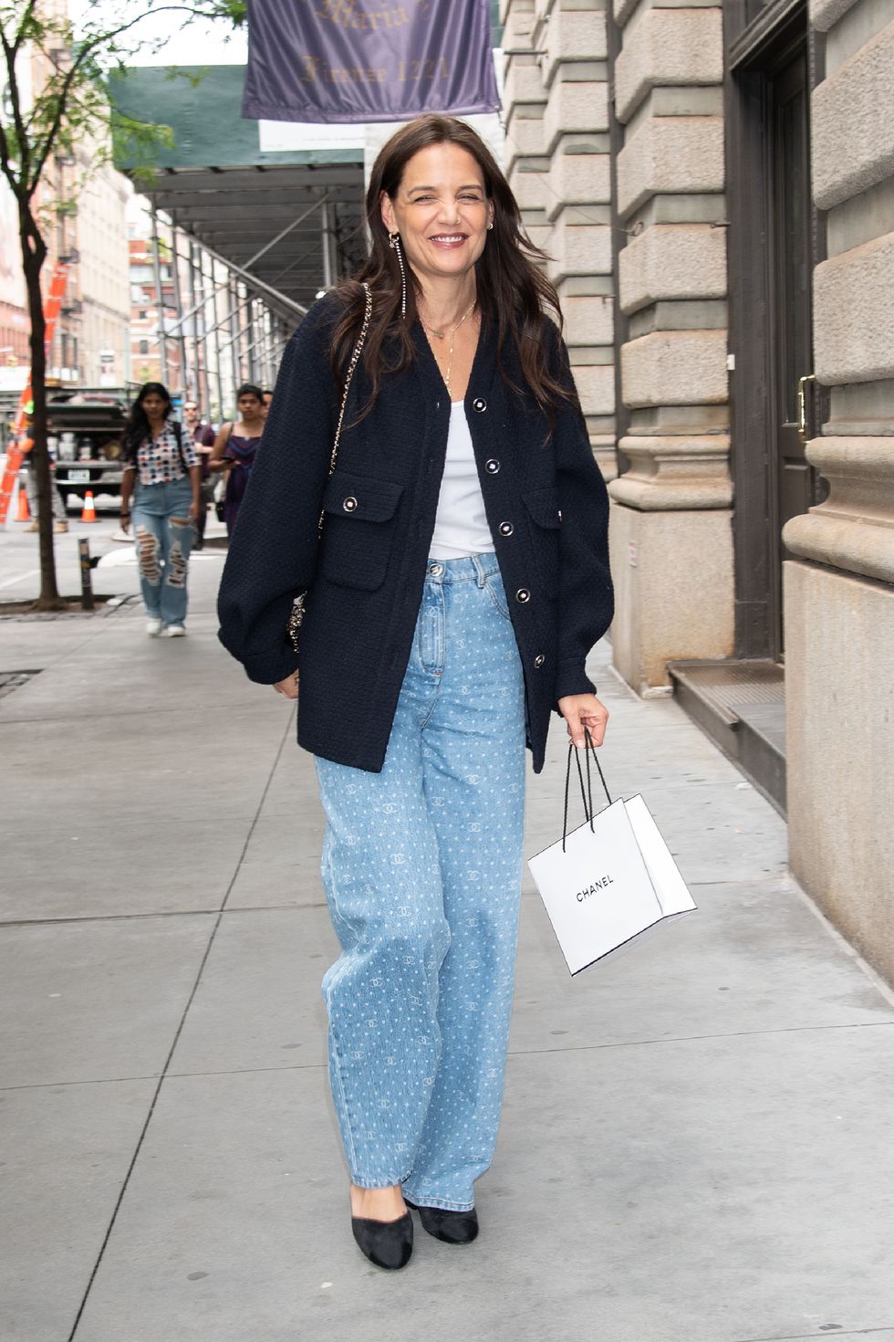 Katie Holmes Wears a Chanel Cardigan and Wide Leg Jeans