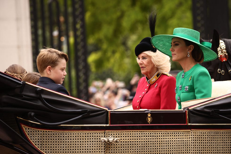 britains queen camilla 2r, britains catherine, princess of wales r and her children, britains prince george of wales 3l, britains prince louis of wales 2l and britains princess charlotte of wales l are taken in a horse drawn carriage to horse guards parade for the kings birthday parade, trooping the colour, in london on june 17, 2023 the ceremony of trooping the colour is believed to have first been performed during the reign of king charles ii since 1748, the trooping of the colour has marked the official birthday of the british sovereign over 1500 parading soldiers and almost 300 horses take part in the event photo by henry nicholls afp photo by henry nichollsafp via getty images