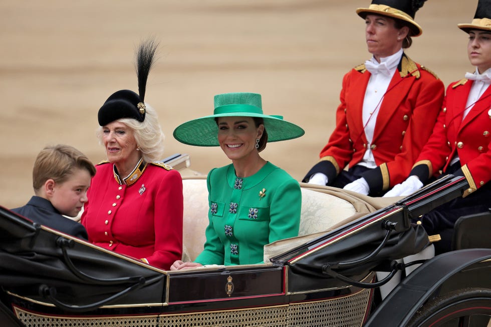 london, england june 17 prince george of wales, catherine, princess of wales and queen camilla ride in a horse drawn carriage during trooping the colour at horse guards parade on june 17, 2023 in london, england trooping the colour is a traditional parade held to mark the british sovereigns official birthday it will be the first trooping the colour held for king charles iii since he ascended to the throne photo by rob pinneygetty images