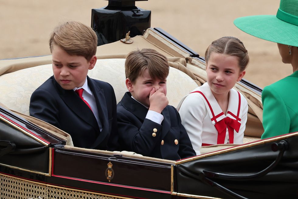 london, england june 17 prince george of wales, princess charlotte of wales and prince louis of wales ride in a horse drawn carriage with catherine, princess of wales and queen camilla during trooping the colour at horse guards parade on june 17, 2023 in london, england trooping the colour is a traditional parade held to mark the british sovereigns official birthday it will be the first trooping the colour held for king charles iii since he ascended to the throne photo by rob pinneygetty images
