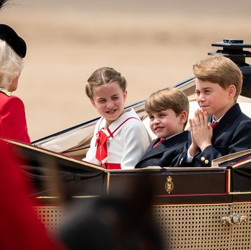 queen camilla, prince george right, prince louis, the princess of wales left and princess charlotte ride in a carriage as they take part in the royal procession as it returns to buckingham palace after the trooping the colour ceremony at horse guards parade, central london, as king charles iii celebrates his first official birthday since becoming sovereign picture date saturday june 17, 2023 photo by aaron chownpa images via getty images