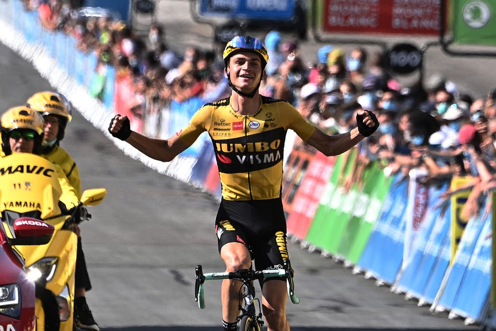 megeve, france   august 16 arrival  sepp kuss of the united states and team jumbo   visma  celebration  during the 72nd criterium du dauphine 2020, stage 5 a 153,5km stage from megeve to megeve 1458m  dauphine  dauphiné  on august 16, 2020 in megeve, france photo by anne christine poujoulatpool via getty images