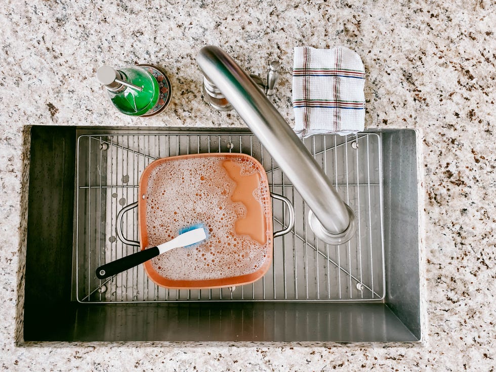 high angle view of dirty pot soaking in kitchen sink