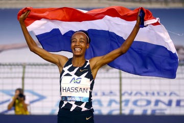 brussels, belgium   september 04 sifan hassan of netherlands celebrates winning the one hour woman competition with a world record during the memorial van damme brussels 2020 diamond league meeting at king baudouin stadium on september 04, 2020 in brussels, belgium photo by dean mouhtaropoulosgetty images