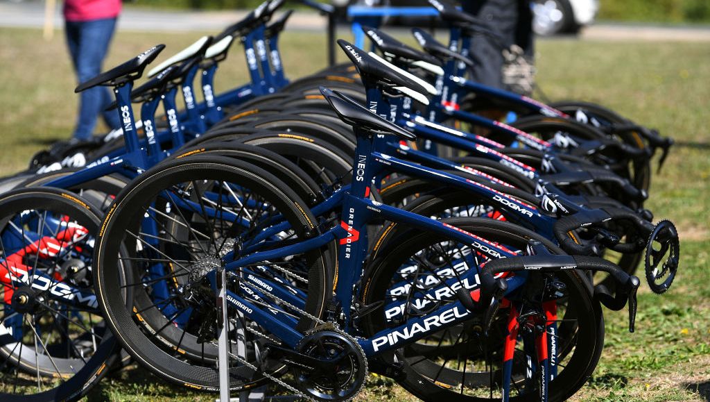 la charente maritime, france   september 07 pinarello bikes of team ineos grenadiers   detail view  during the 107th tour de france 2020   stage 10, training team ineos grenadiers on la charente maritime  tdf2020  letour  rest day 1  on september 07, 2020 in la charente maritime, france photo by tim de waelegetty images