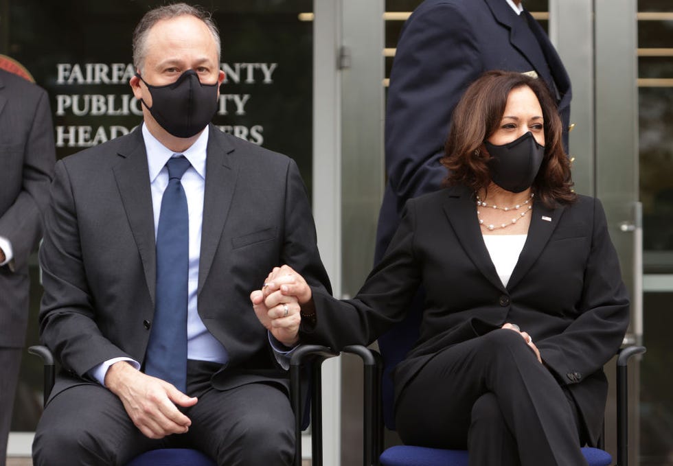 fairfax, virginia   september 11  democratic us vice presidential nominee sen kamala harris d ca and her husband douglas emhoff hold hands during a fairfax 911 remembrance ceremony at fairfax county public safety headquarters on september 11, 2020 in fairfax, virginia americans across the nation marked the 19th anniversary of the 911 attacks and remembered the lives that were lost in the terror attacks photo by alex wonggetty images