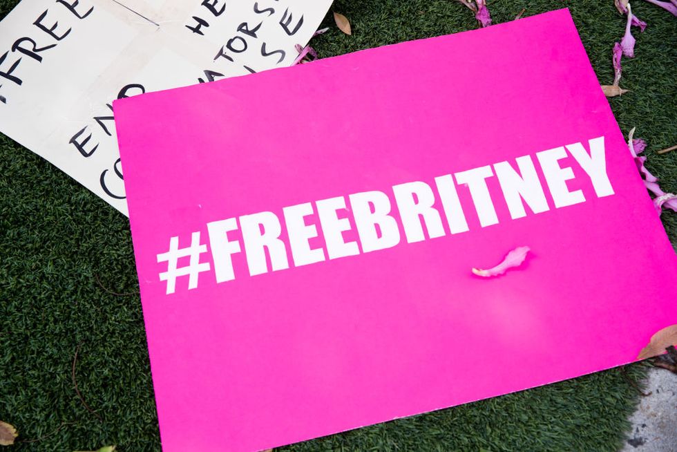 west hollywood, california   september 15 signs in support of britney spears are seen during a freebritney protest outside of the tri star sports  entertainment group offices on september 15, 2020 in west hollywood, california photo by rich furygetty images