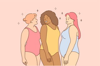 body positive, vacation, travelling, holiday concept young happy obese thick women friends tourists characters in swimsuits standing together summer rest recreation on sea coast and active lifestyle