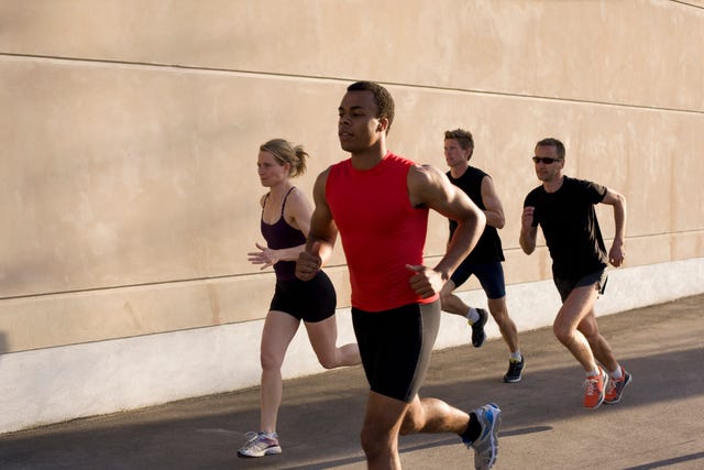 a group of people running