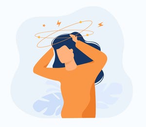 sick person suffering from vertigo, feeling confused, dizzy and head ache flat vector illustration for stress, sickness symptoms, migraine, hangover concept