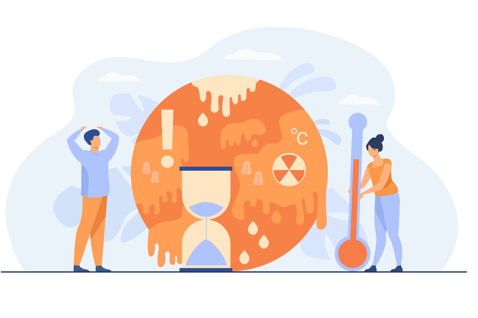 tiny people near planet with melting poles isolated flat vector illustration danger of temperature rising and greenhouse effect anomaly climate change and hot weather concept