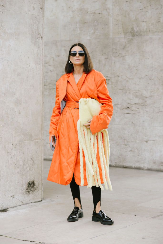 paris, france   october 01 joanna horodynska poses wearing an mmc coat, bottega veneta bag and sunglasses and prada loafers after the chloe show at the palais de tokyo during paris fashion week   womenswear spring summer 2021 on october 01, 2020 in paris, france photo by vanni bassettigetty images