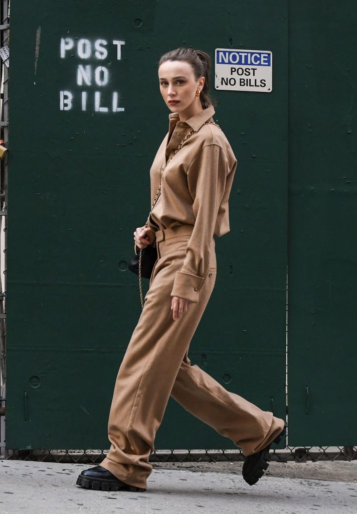 new york, new york   october 04 mary leest is seen wearing a beige max mara outfit with black bag on the streets of manhattan on october 04, 2020 in new york city photo by daniel zuchnikgetty images