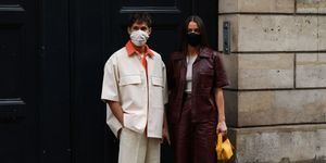 paris, france   october 04 jean sebastien roques and alice barbier seen outside gabriela hearst during paris fashion week   womenswear spring summer 2021  day seven on october 04, 2020 in paris, france photo by jeremy moellergetty images