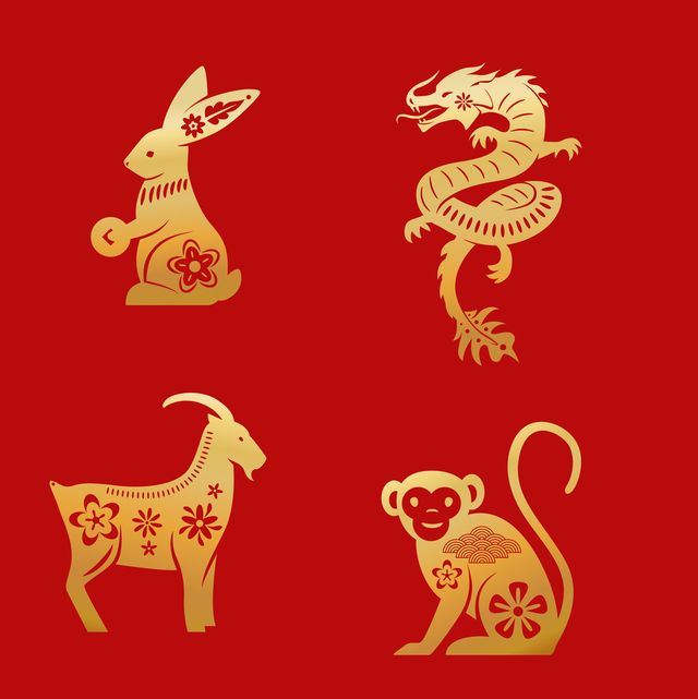 chinese zodiac animals twelve asian new year golden characters set isolated on red background vector illustration of astrology calendar horoscope symbols