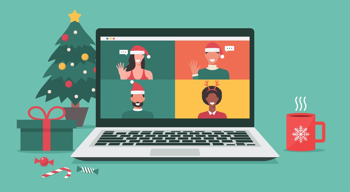 people meeting online together via video conference on a laptop to virtual discussion on christmas holiday and decorate with christmas tree, gift, candy, and cup, vector illustration