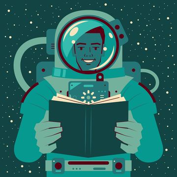 unique characters full length vector art illustration smiling handsome african american ethnicity astronaut spaceman is reading a book in outer space never stop learning to invest in yourself knowledge is power reading takes you out of this world