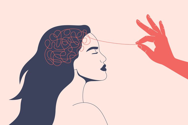 psychotherapy or psychology concept helping hand unravels the tangle of thoughts of a woman with mental disorder, anxiety and confusion mind vector illustration