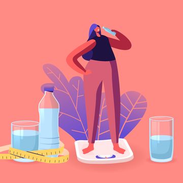 athletic beautiful sportswoman character on diet stand on scales drinking water from bottle refreshing after fitness sports activity healthy lifestyle, dieting concept cartoon vector illustration