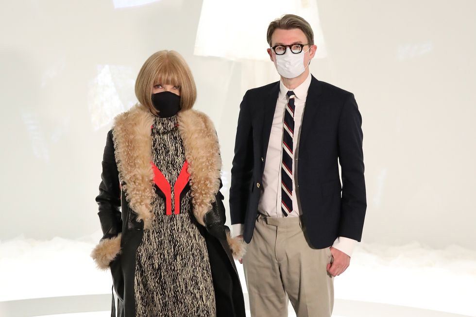 new york, new york   october 26 anna wintour and andrew bolton attend the press preview for the costume institutes annual exhibition about time fashion and duration sponsored by louis vuitton at metropolitan museum of art on october 26, 2020 in new york city photo by taylor hillgetty images