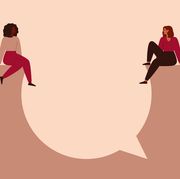 women say concept young strong girls sit on a big speech bubble and look at each other female empowerment movement vector illustration