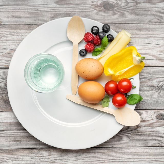 interval fasting diet intermittent fasting concept represented with a plate and products on gray background healthy lifestyle fat loss concept top view