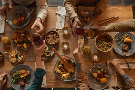 family enjoying dinner above view