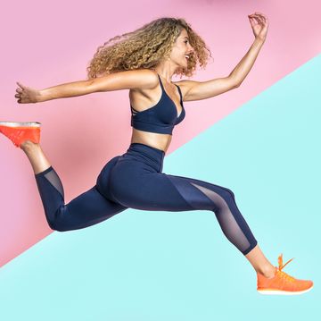 beautiful runner woman and blonde athlete with curly hair performs exercise jumping in the air on isolated background　ダイエット