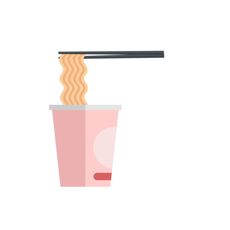 simple flat illustration of curly instant noodle cup with noodles rolled on chopstick