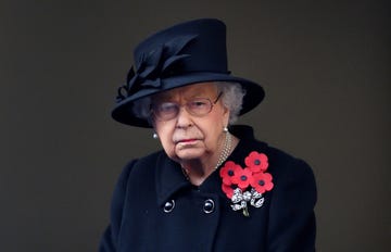 london, united kingdom   november 08 embargoed for publication in uk newspapers until 24 hours after create date and time queen elizabeth ii attends the national service of remembrance at the cenotaph on november 8, 2020 in london, england remembrance sunday services were substantially scaled back today due to the current restrictions on gatherings, intended to curb the spread of covid 19 photo by poolmax mumbygetty images