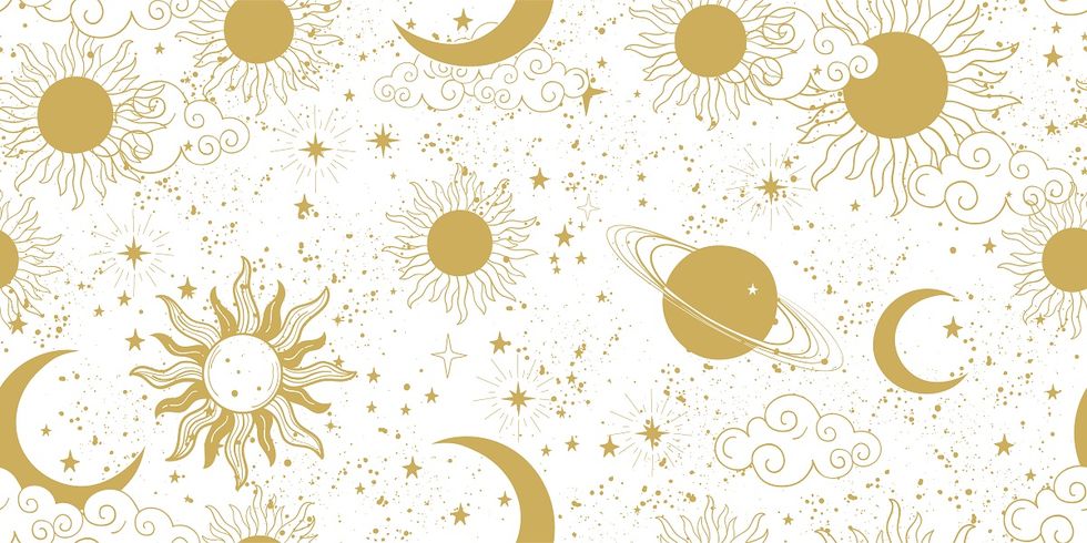 seamless golden space pattern with sun, crescent, planets and stars on a white background mystical ornament of the mystical sky for wallpaper, fabric, astrology, fortune telling vector illustration
