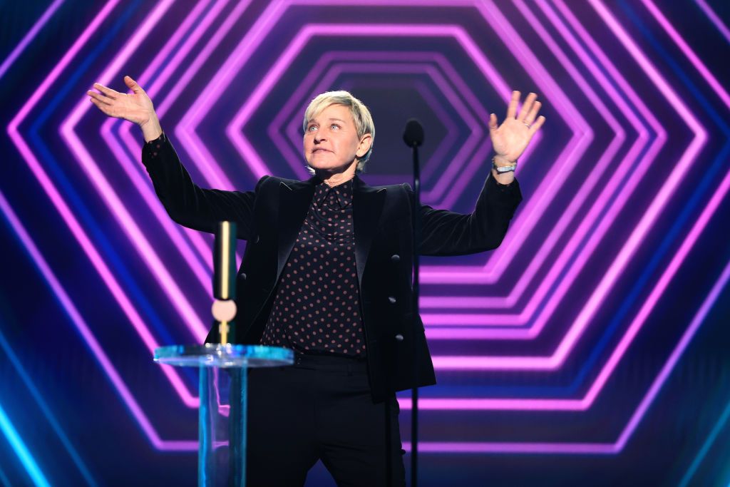 santa monica, california   november 15 2020 e peoples choice awards    in this image released on november 15, ellen degeneres accepts the award for the daytime talk show of 2020 onstage for the 2020 e peoples choice awards held at the barker hangar in santa monica, california and on broadcast on sunday, november 15, 2020 photo by christopher polke entertainmentnbcu photo bank via getty images