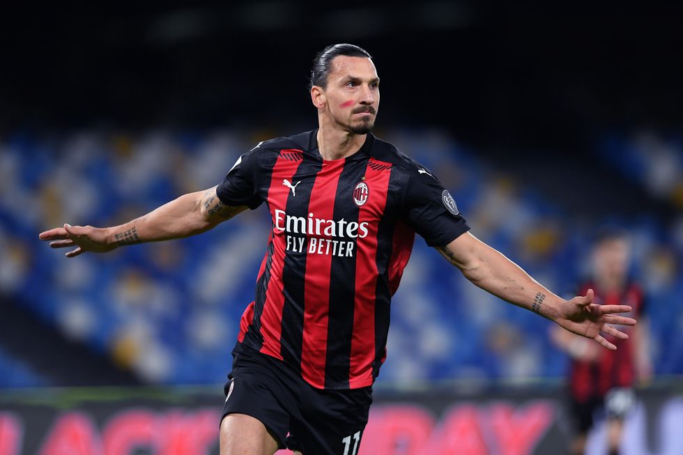naples, italy   november 22 zlatan ibrahimovic of ac milan celebrates after scoring their teams first goal during the serie a match between ssc napoli and ac milan at stadio san paolo on november 22, 2020 in naples, italy sporting stadiums around italy remain under strict restrictions due to the coronavirus pandemic as government social distancing laws prohibit fans inside venues resulting in games being played behind closed doors photo by francesco pecorarogetty images