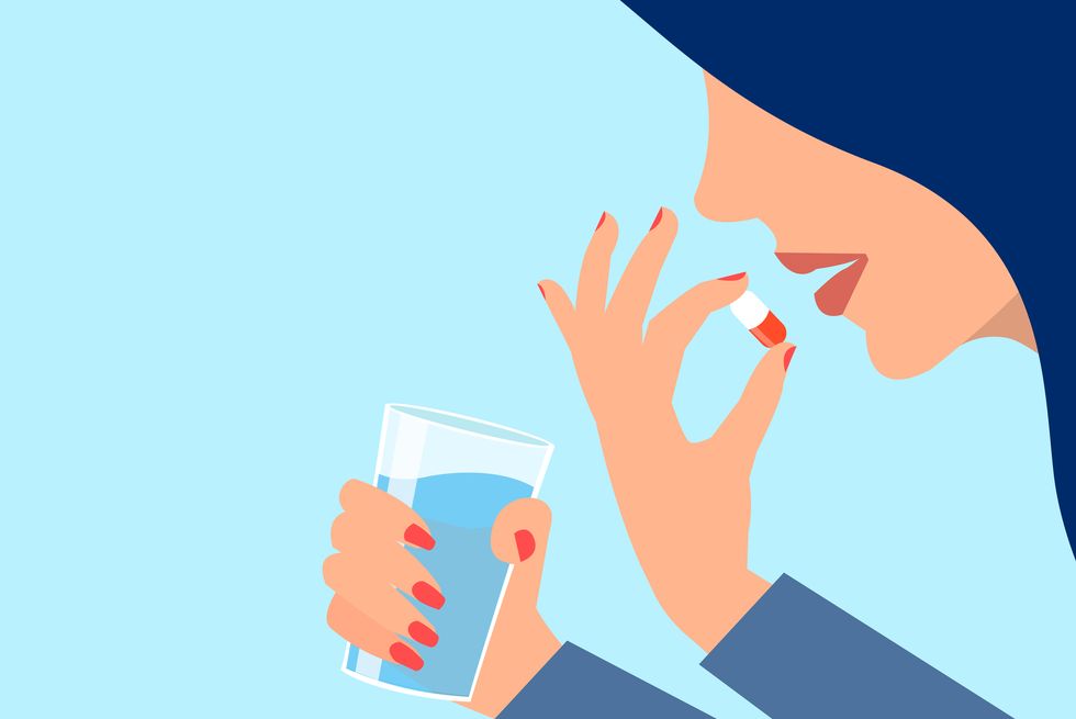 vector of a young woman taking her pills with glass of water