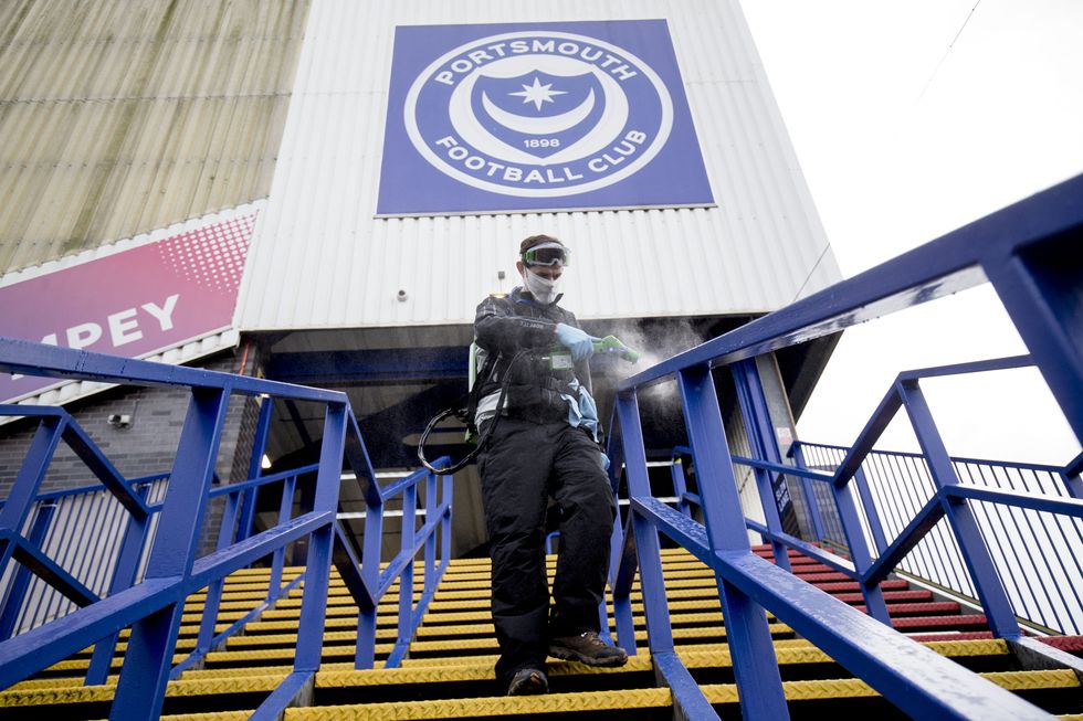 portsmouth, england   december 05   fratton park is disenfected for the arrival of fans since national lockdown in march began before the sky bet league one match between portsmouth and peterborough united at fratton park on december 05, 2020 in portsmouth, england photo by robin jonesgetty images