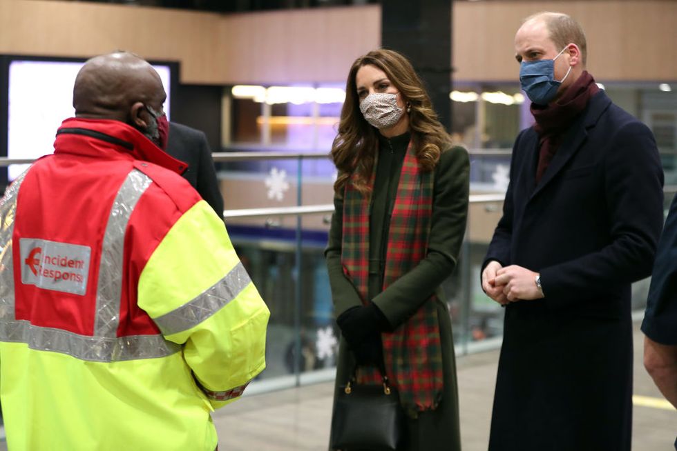 london, united kingdom   december 06 prince william, duke of cambridge and catherine, duchess of cambridge speak to transport workers at london euston station on december 06, 2020 in london, united kingdom  the duke and duchess of cambridge will embark on a three day tour aboard the royal train to thank frontline staff and community workers in the uk photo by chris jacksongetty images