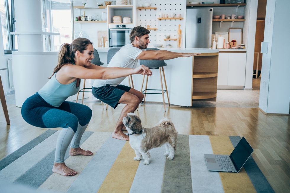 beautiful young couple and their cute pet dog doing workout at home young couple doing exercises while watching workout video young man and young woman in sports wear doing workout at home couple using laptop while doing stretching exercises couple staying in front of laptop and watching online sport lessons couple exercising and watching online fitness live streaming classes