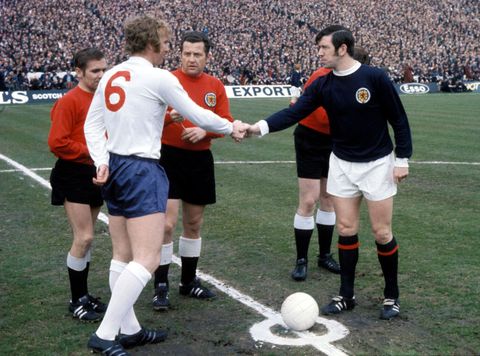 250470 home international championshipscotland v england 0 0hampden   glasgowscotland captain john greig right exchanges handshakes with england counterpart bobby moore as referee schulenburg prepares to get the match underway   photo by sns group via getty images