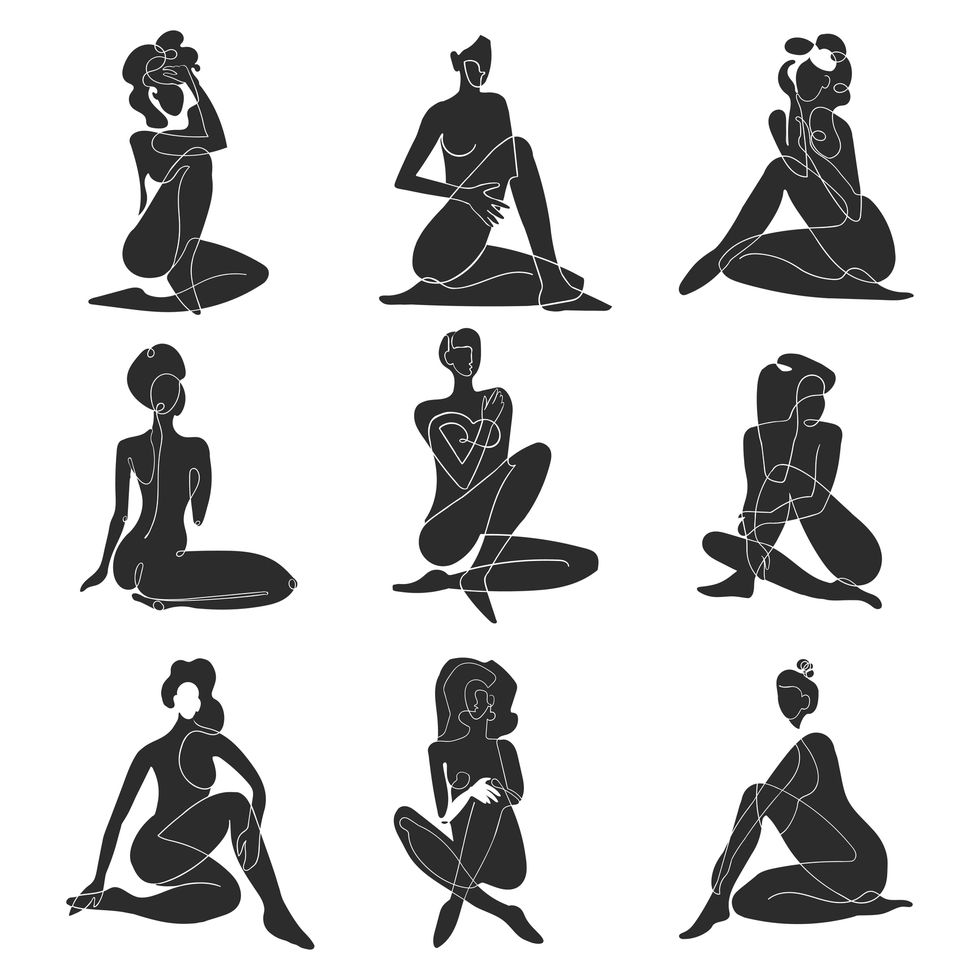 vector set with black and white illustrations of silhouette woman body one line drawing isolated on white background design card, poster, banner, social media post, fashion print, beaty salon logo