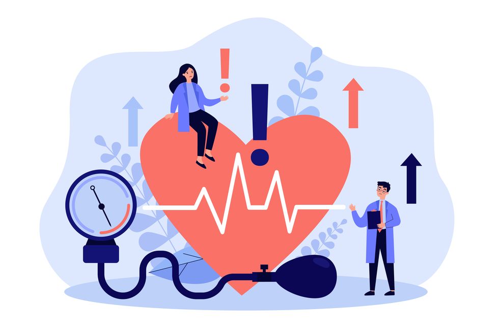 tiny doctors examining heart health flat vector illustration cartoon medical specialists doing checkup of blood pressure, pulse rate and cholesterol cardiovascular disease and cardiology concept
