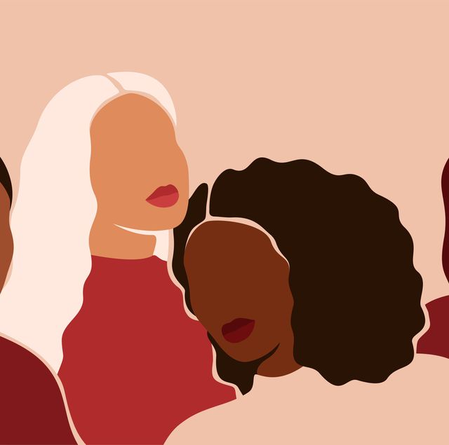 five women of different ethnicities and cultures stand side by side together strong and brave girls support each other and feminist movement sisterhood and females friendship vector illustration