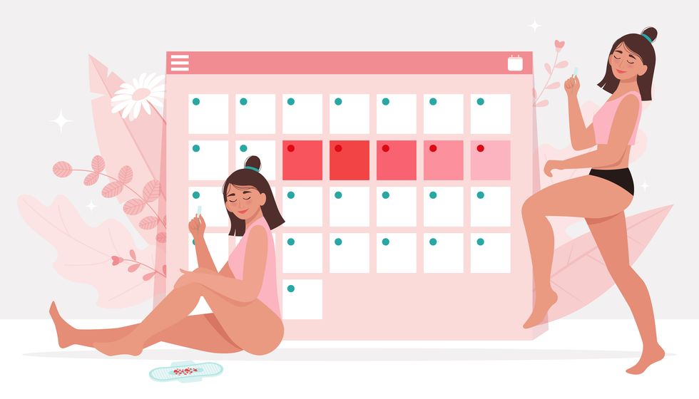 menstruation theme feminine hygiene happy young woman in lingerie holding a tampon in the menstrual period menstrual period on calendar in the background