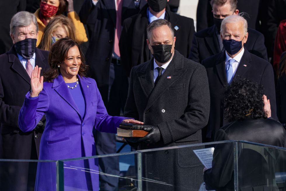 inauguration outfits hidden meanings   kamala harris purple monochrome black designer