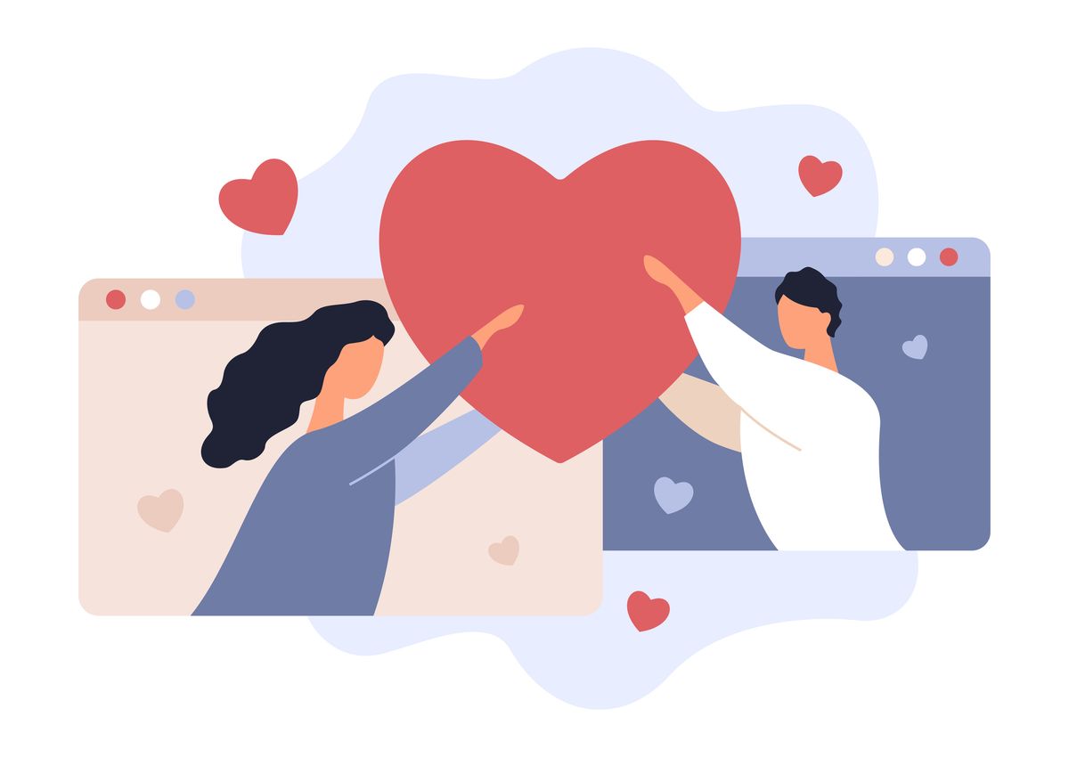 online date love rendezvouz valentines day young man and woman holding heart girlfriend and boyfriend couple, hearts and browsers, vector stock illustration