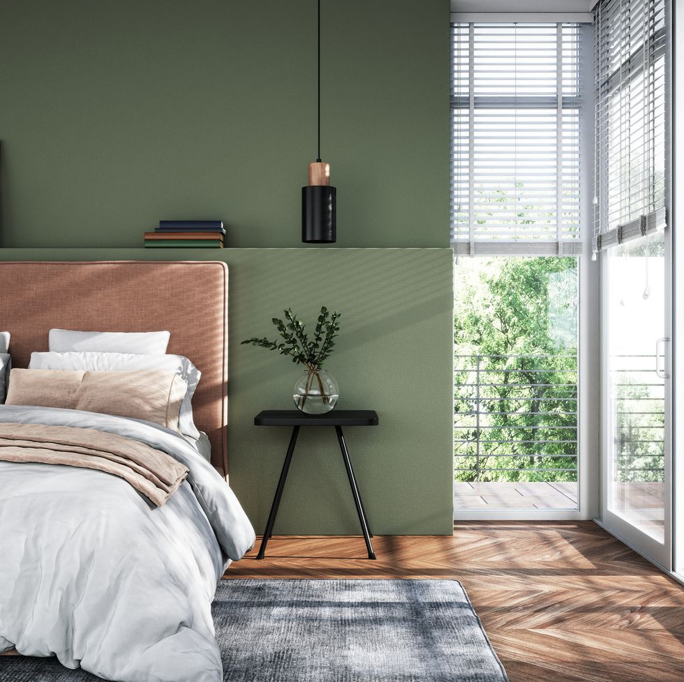 modern interior of bedroom with green wall, 3d render